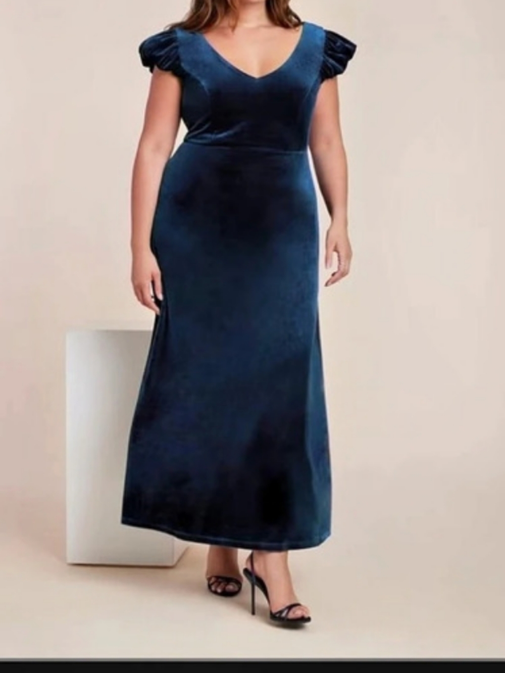 ELOQUII Velvet Puff Sleeve Pleated Dress Maxi Dress in Blue NWT